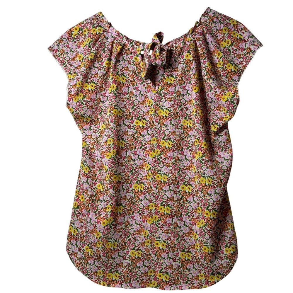 Lauren Conrad Floral Blouse Womens Medium‎ Pink Yellow Tie Back Cap Sleeve - Picture 3 of 6